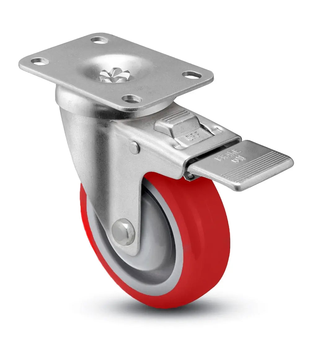 3" x 1-1/4" Total Locking Plate Caster | Red Polyurethane Wheel | 2-3/8" x 3-5/8" Top Plate | 300 lbs Capacity -  | CasterHQ