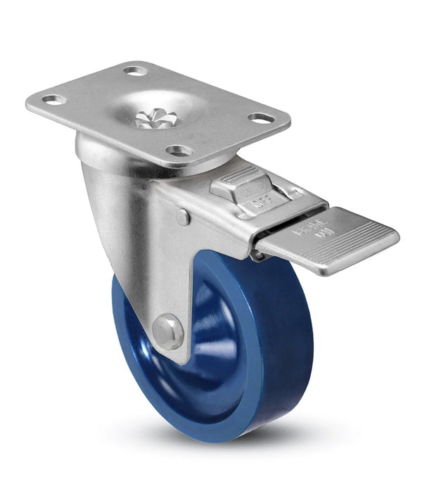 4" x 1-1/4" Total Locking Plate Caster | Blue Solid Polyurethane Wheel | 2-3/8" x 3-5/8" Top Plate | 350 lbs Capacity CasterHQ