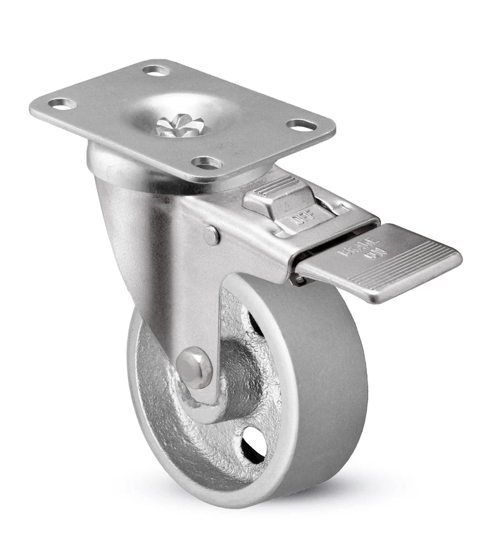 3" x 1-1/4" Total Locking Plate Caster | Semi-Steel Wheel | 2-3/8" x 3-5/8" Top Plate | 350 lbs Capacity CasterHQ