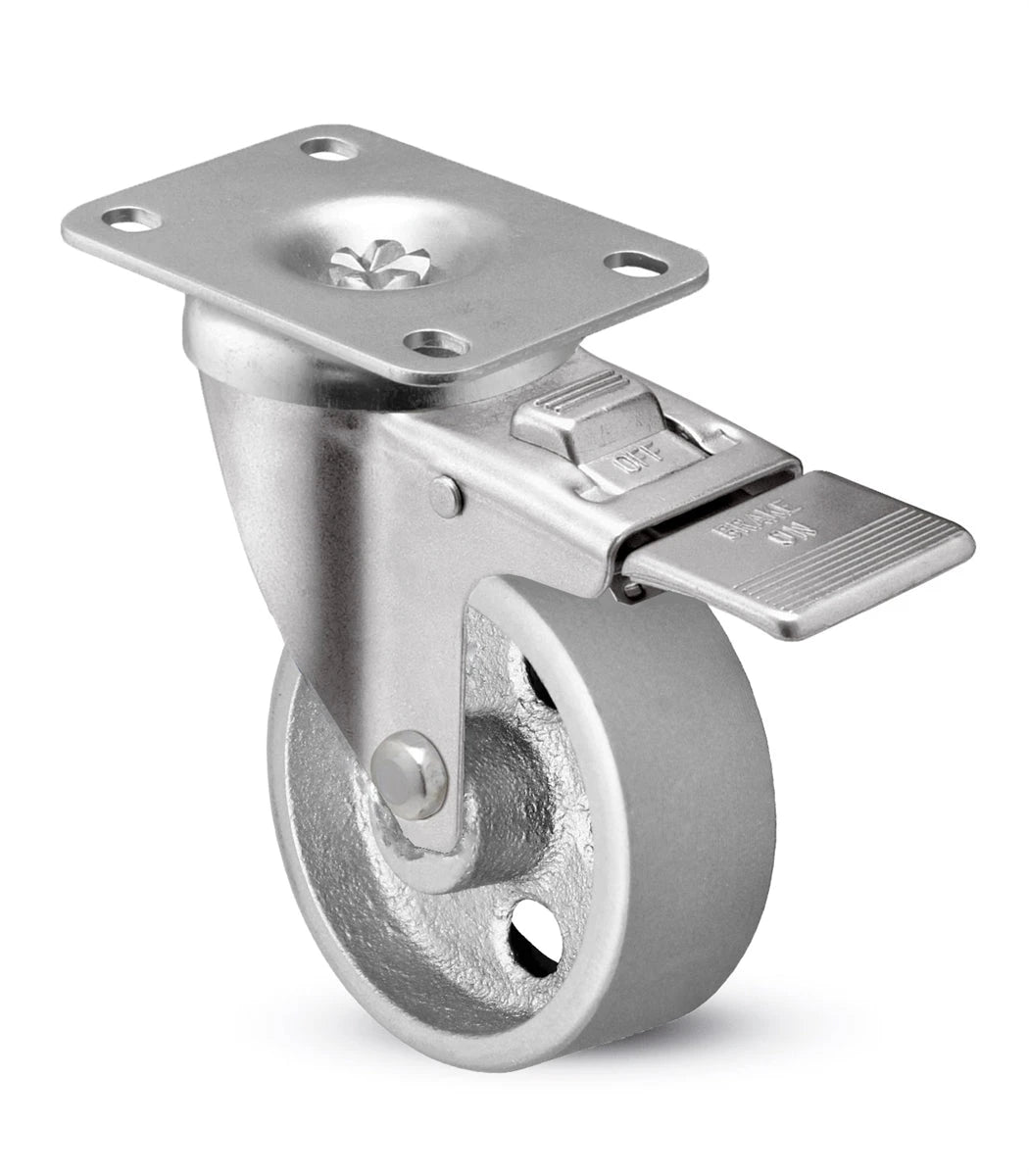 Total locking casters with steel wheels