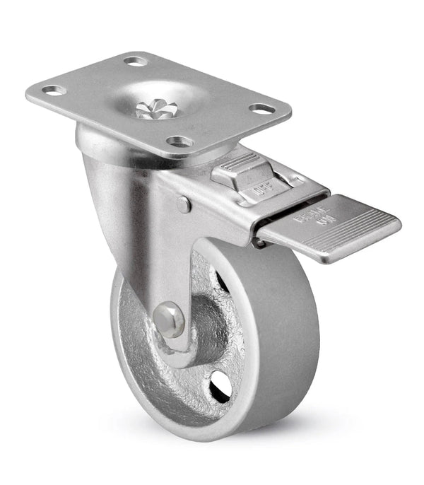 4" x 1-1/4" Semi-Steel Total Lock Caster – 350 lb | 2-3/8" x 3-5/8" Top Plate (photo matched from 3.0" semi-steel)