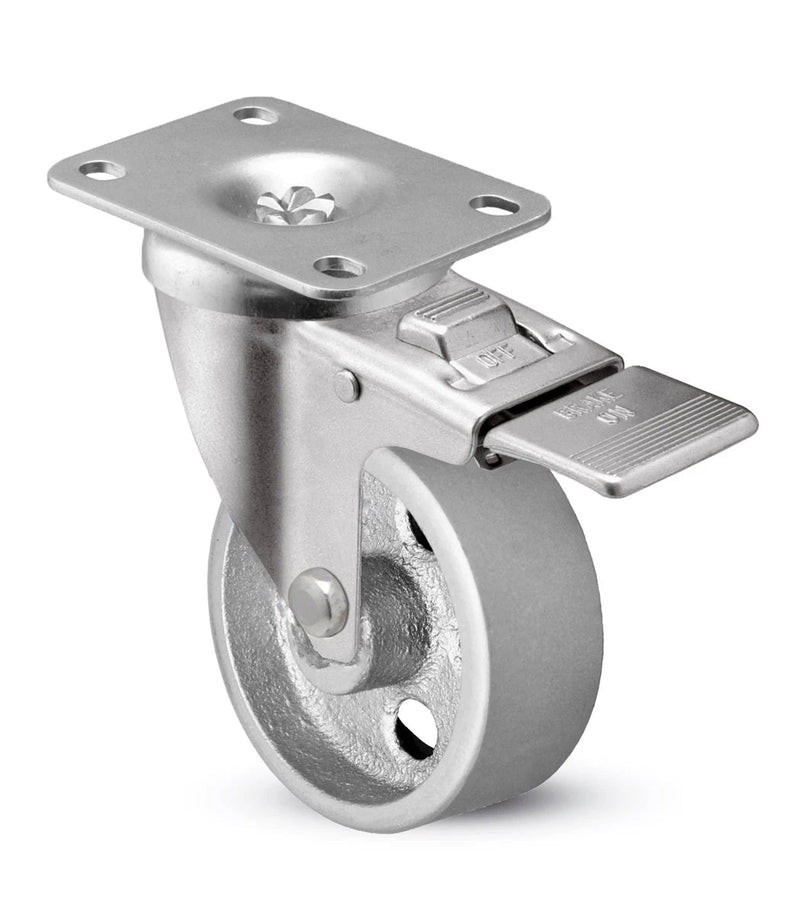 4" x 1-1/4" Semi-Steel Total Lock Caster – 350 lb | 2-3/8" x 3-5/8" Top Plate (photo matched from 3.0" semi-steel)