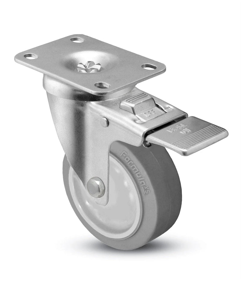 3" x 1-1/4" Total Locking Plate Caster | Gray Thermo Rubber Wheel | 2-3/8" x 3-5/8" Top Plate | 225 lbs Capacity CasterHQ