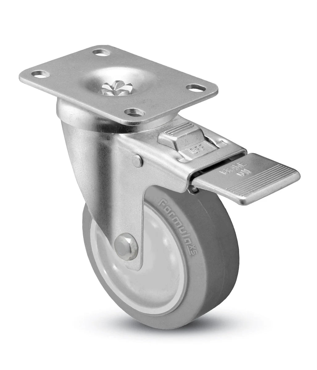 4" x 1-1/4" Total Locking Plate Caster | Gray Thermo Rubber Wheel | 2-3/8" x 3-5/8" Top Plate | 300 lbs Capacity CasterHQ