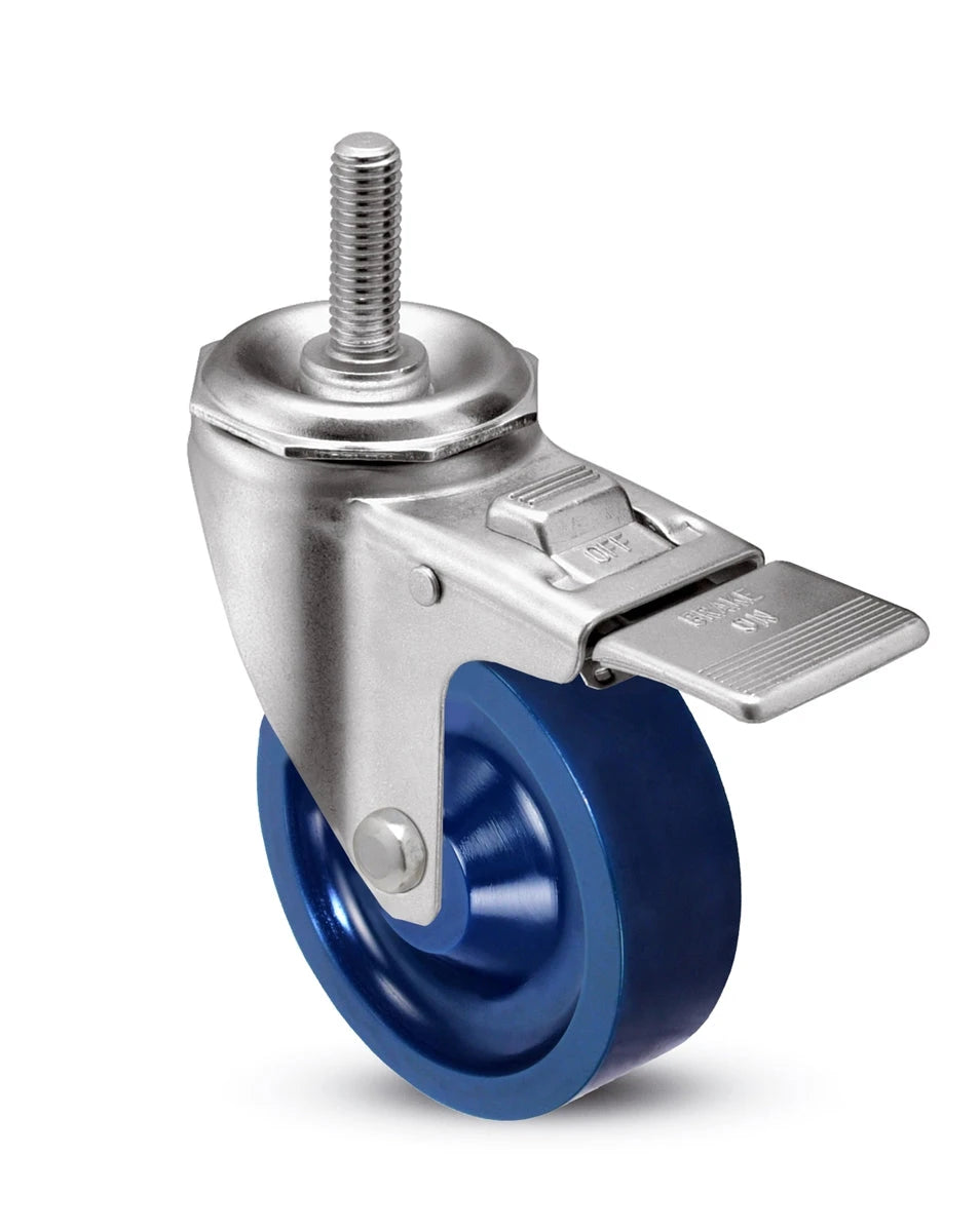 3 Inch x 1.25 Inch Blue Solid Polyurethane Total Locking Caster - 300 lbs Capacity | Swivel CasterHQ