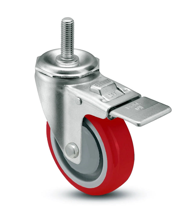 4" X 1.25" Red Polyurethane on Polyolefin Wheel - Total Locking Swivel Caster - 350 lbs Cap CasterHQ