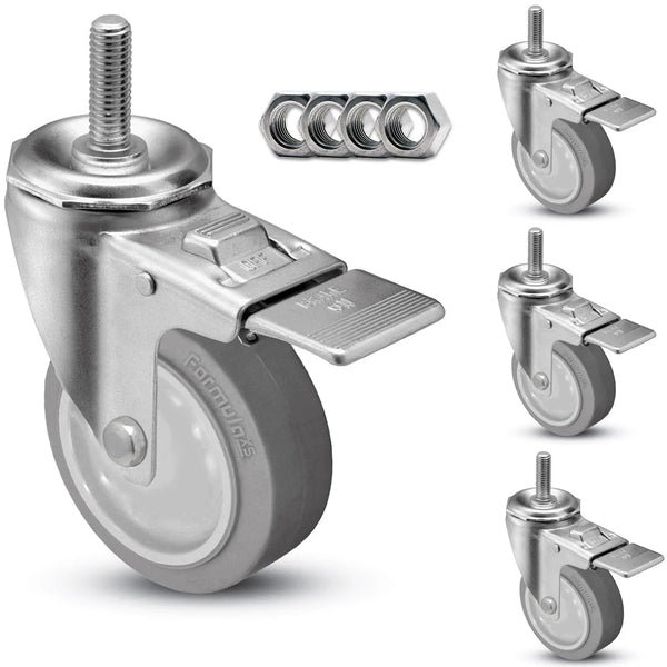 5" Swivel Caster w/ Threaded Stem (4-Pack) | Gray Rubber Wheel | Total Locking Brake | 1,400 lbs Capacity/Set CasterHQ