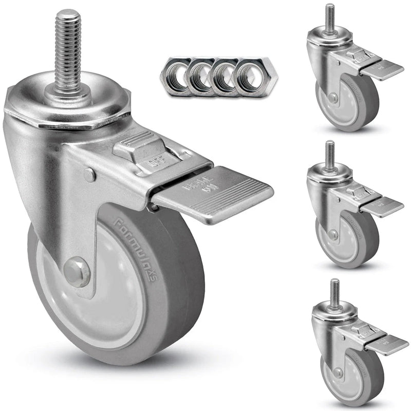 5" Swivel Caster w/ Threaded Stem (4-Pack) | Gray Rubber Wheel | Total Locking Brake | 1,400 lbs Capacity/Set CasterHQ