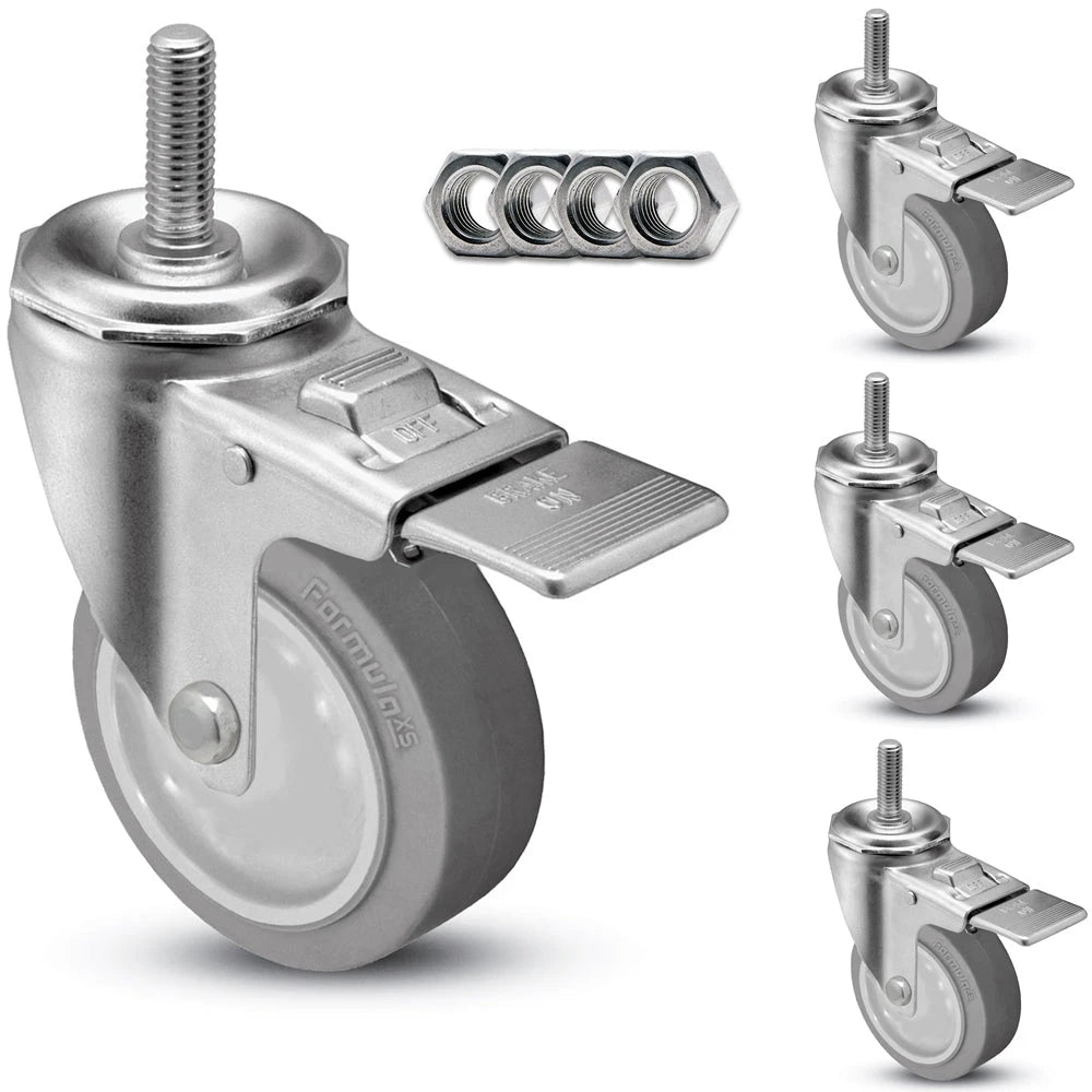 3-1/2" Swivel Caster w/ Threaded Stem (4-Pack) | Gray Rubber Wheel | Total Locking Brake | 1,200 lbs Capacity/Set CasterHQ