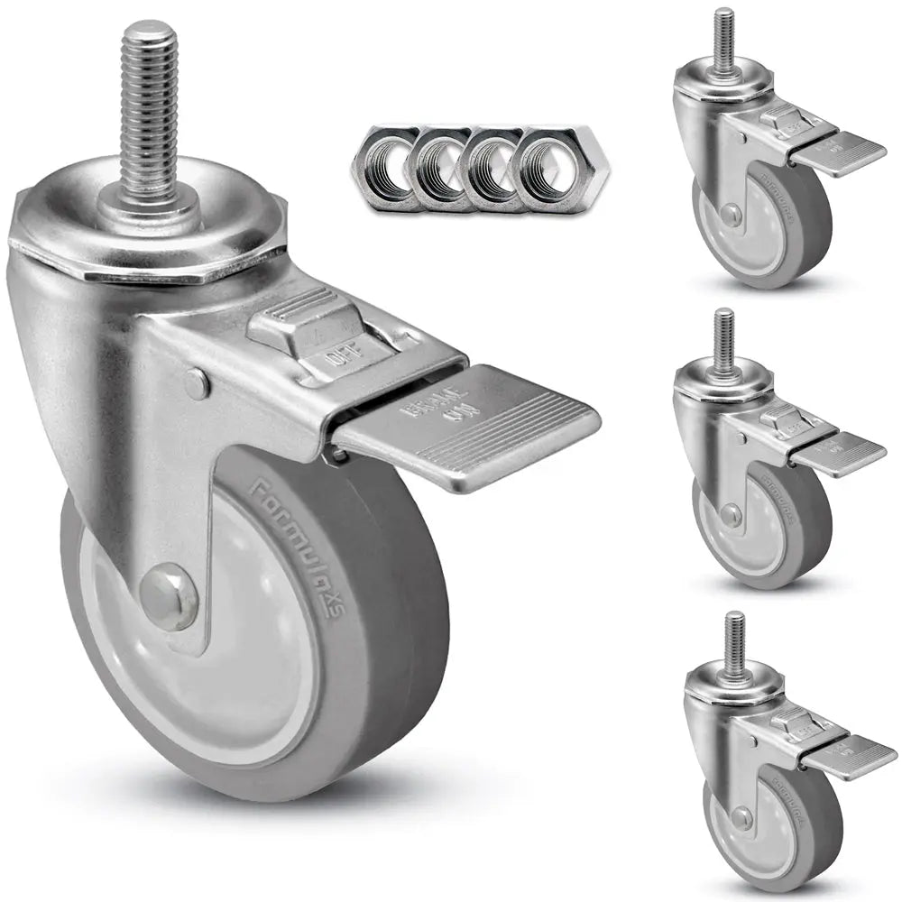 3-1/2" Swivel Caster w/ Threaded Stem (4-Pack) | Gray Rubber Wheel | Total Locking Brake | 1,200 lbs Capacity/Set -  | CasterHQ