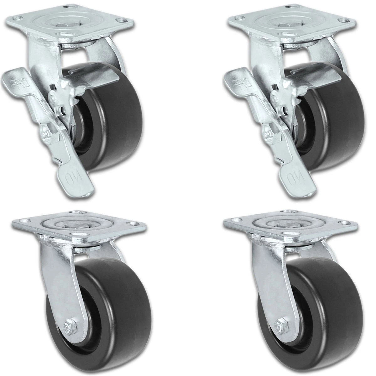 MEDIUM DUTY 4"X 2" POLYOLEFIN WHEEL - 2 SWIVEL CASTERS & 2 LOCKING CASTERS SET OF 4 - 2,000 lbs Capacity Per Set CasterHQ