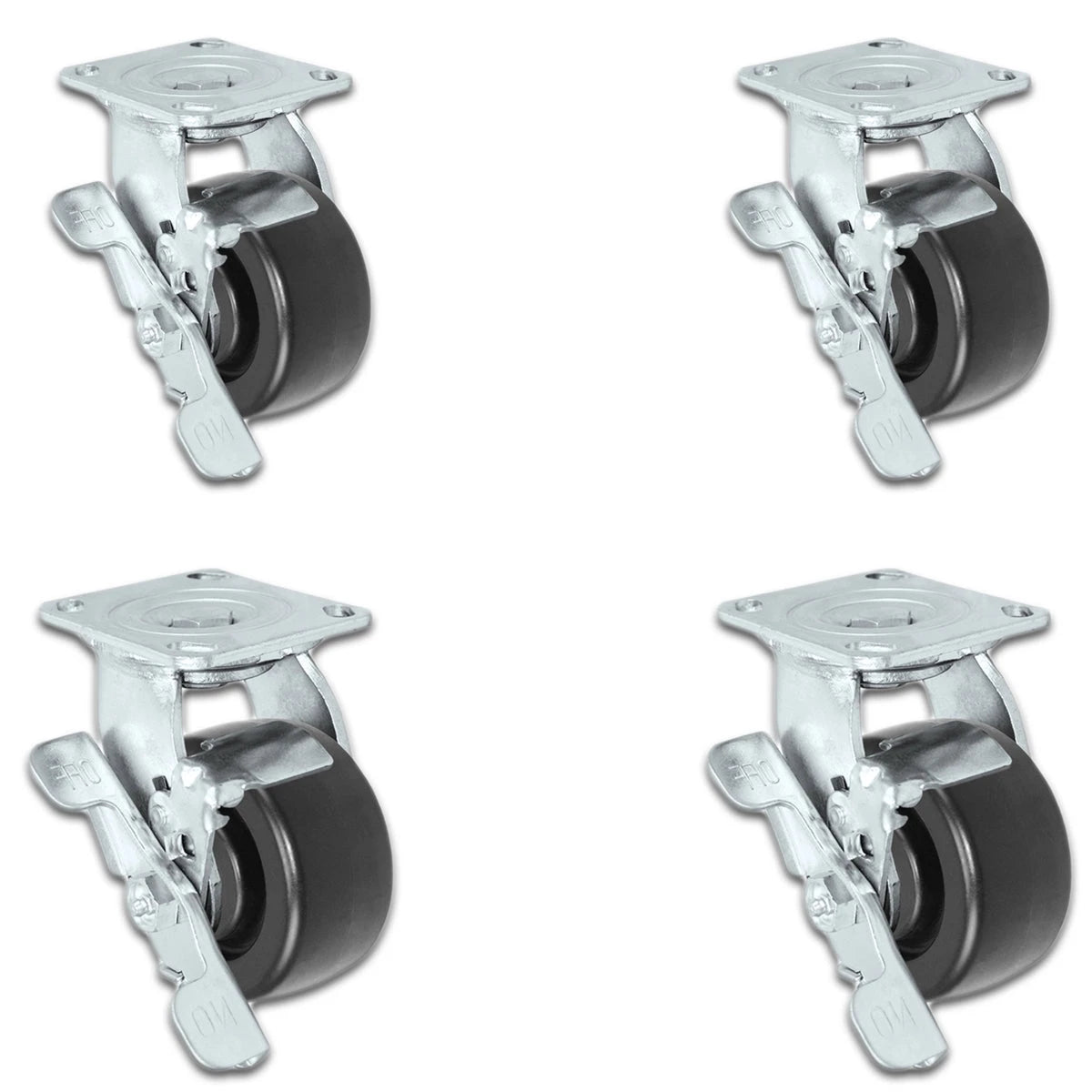 MEDIUM DUTY 4"X 2" POLYOLEFIN WHEEL - SWIVEL CASTER WITH BRAKES SET OF 4 - 2,000 lbs Capacity Per Set CasterHQ