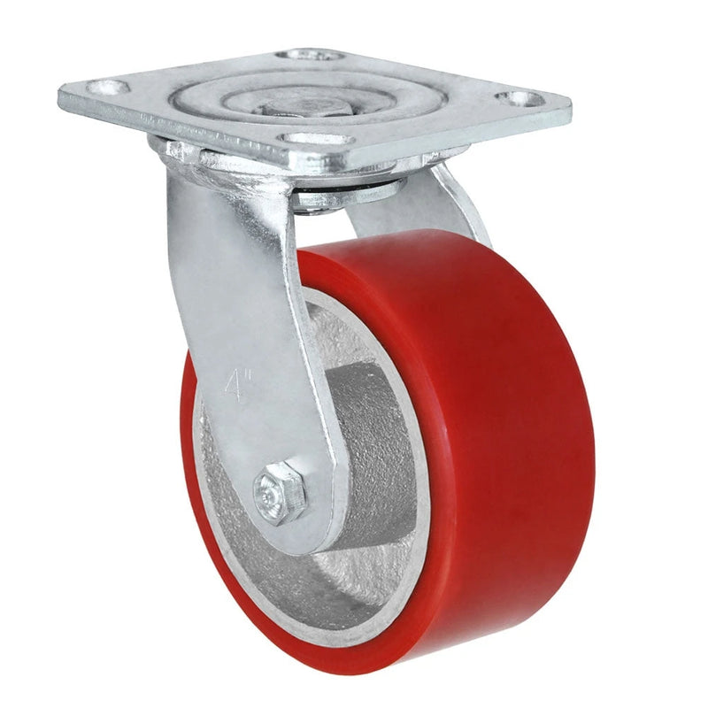 MEDIUM DUTY 4"X 2" RED POLYURETHANE ON IRON WHEEL - SWIVEL CASTER 800 lbs Capacity CasterHQ