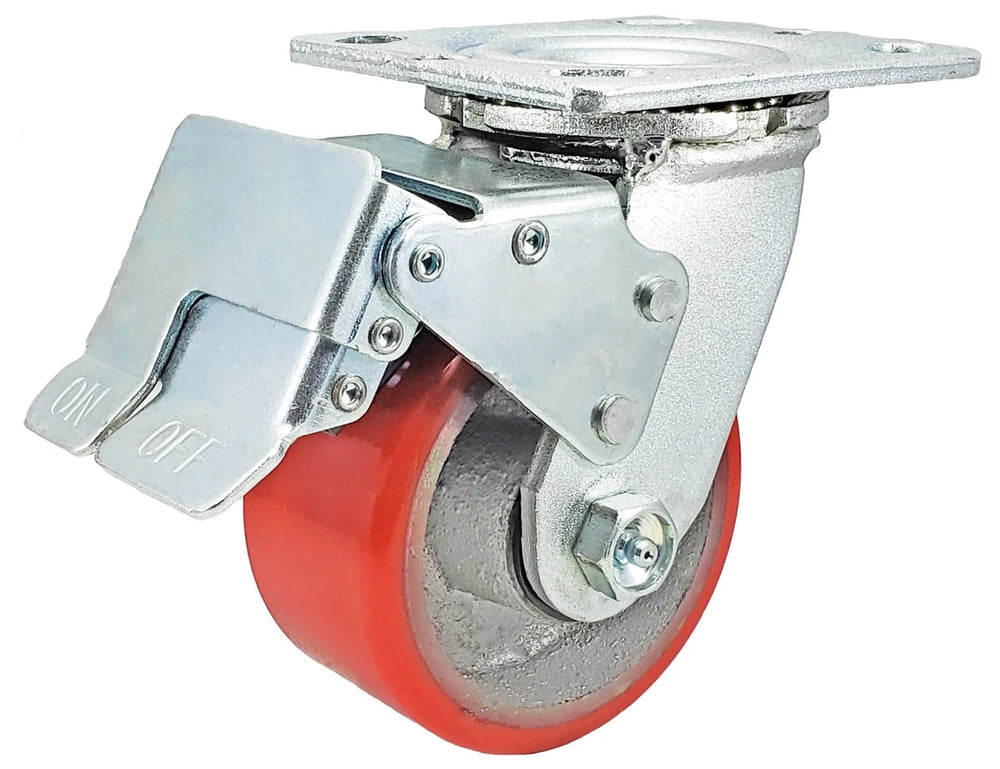 4 Inch x 2 Inch Total Lock Caster - 700 lbs Capacity | Red Polyurethane on Steel Wheel CasterHQ