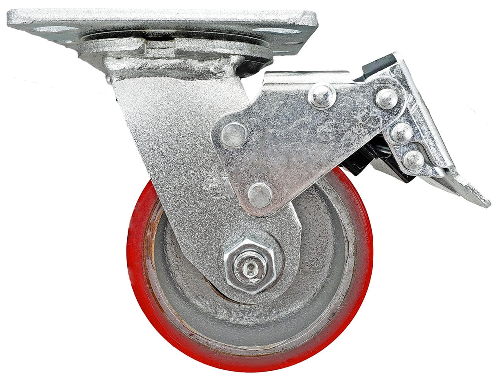4 Inch x 2 Inch Total Lock Caster - 700 lbs Capacity | Red Polyurethane on Steel Wheel CasterHQ