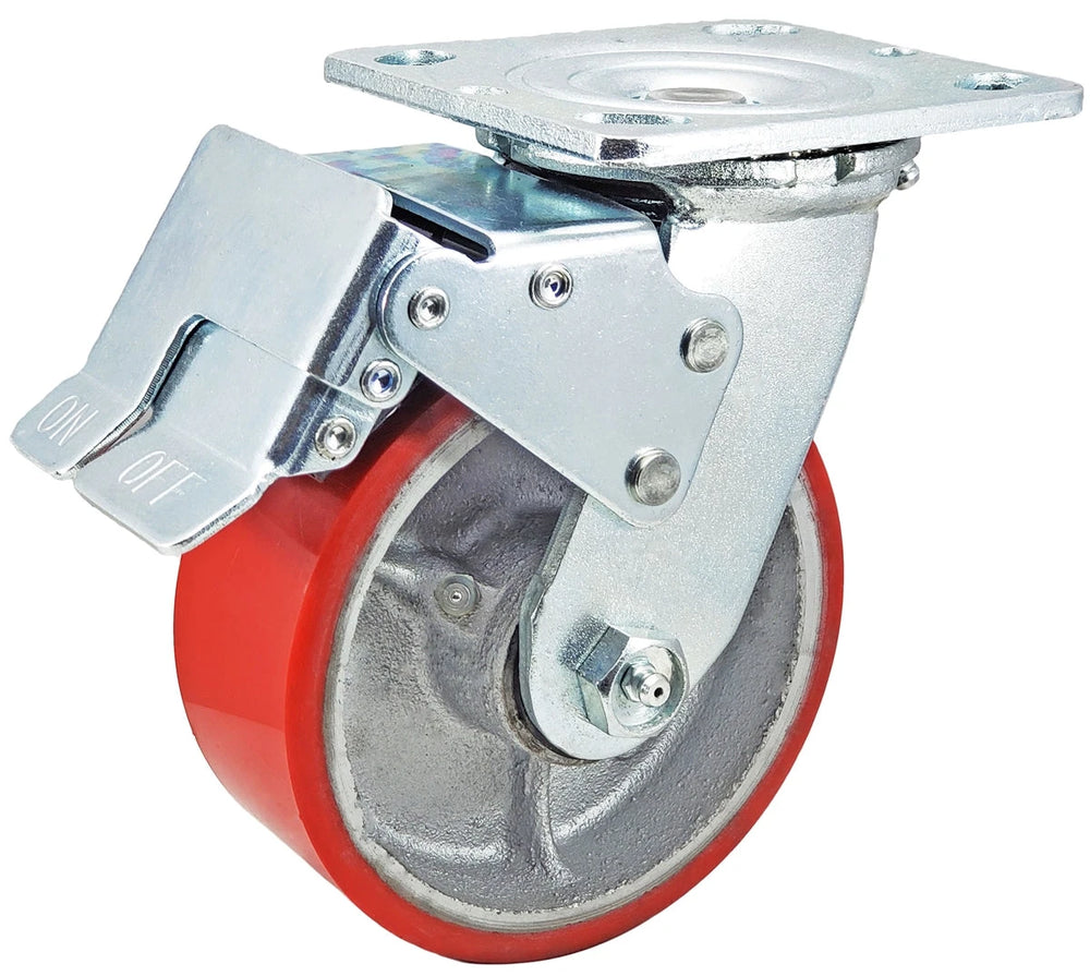5 Inch x 2 Inch Total Lock Caster - 1000 lbs Capacity | Red Polyurethane on Steel Wheel CasterHQ