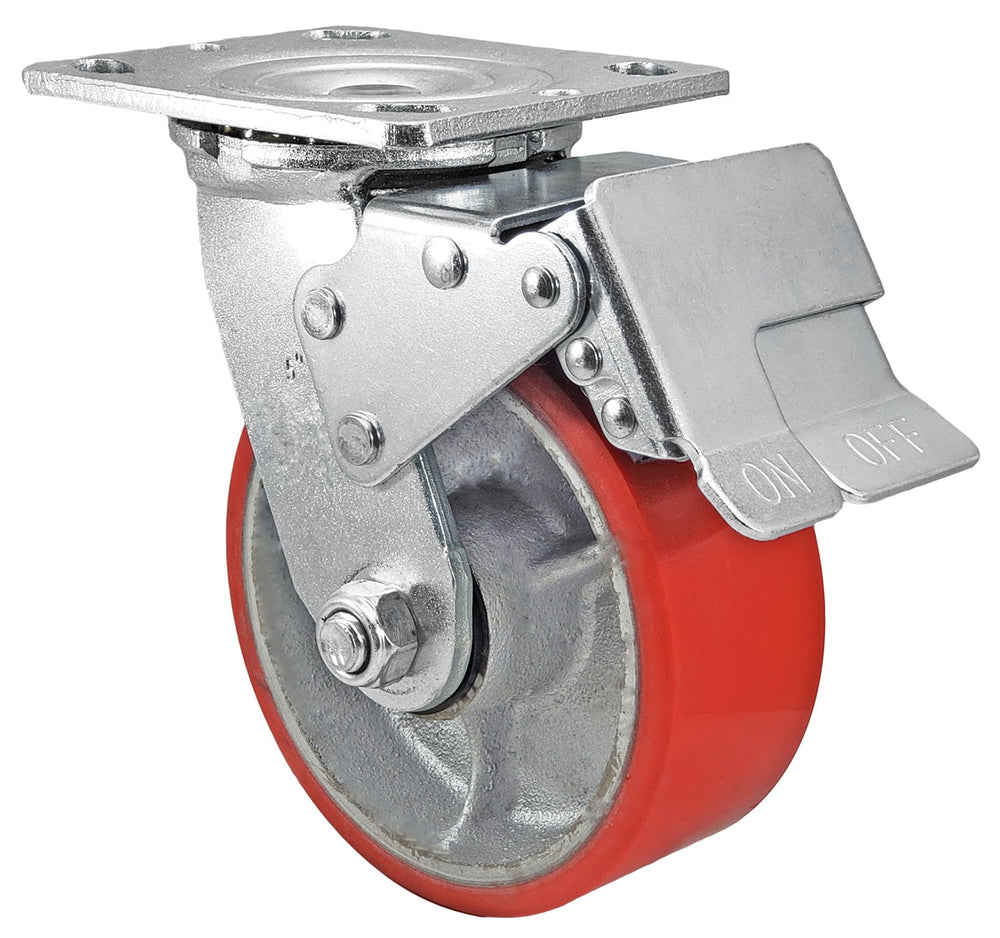 5 Inch x 2 Inch Total Lock Caster - 1000 lbs Capacity | Red Polyurethane on Steel Wheel CasterHQ