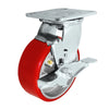 MEDIUM DUTY 5"X 2" RED POLYURETHANE ON IRON WHEEL - SWIVEL CASTER WITH BRAKE 1,100 lbs Capacity CasterHQ
