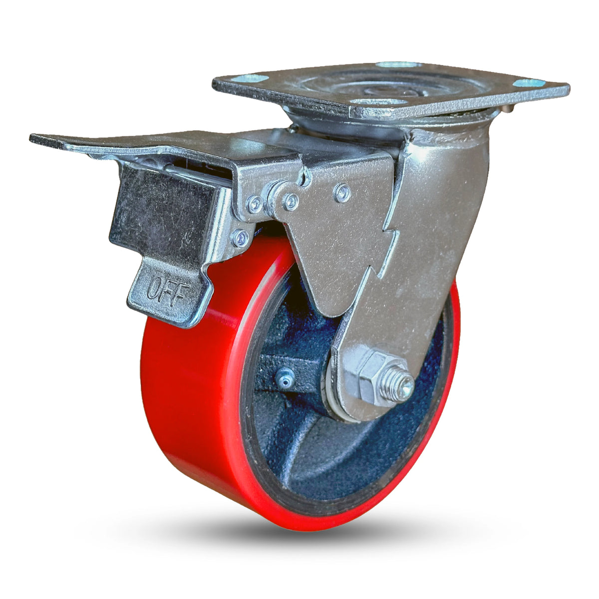 5" x 2" Total Locking Caster with Polyurethane on Iron Wheel | 1100 lbs Capacity | 4" x 4-1/2" Mounting Plate CasterHQ