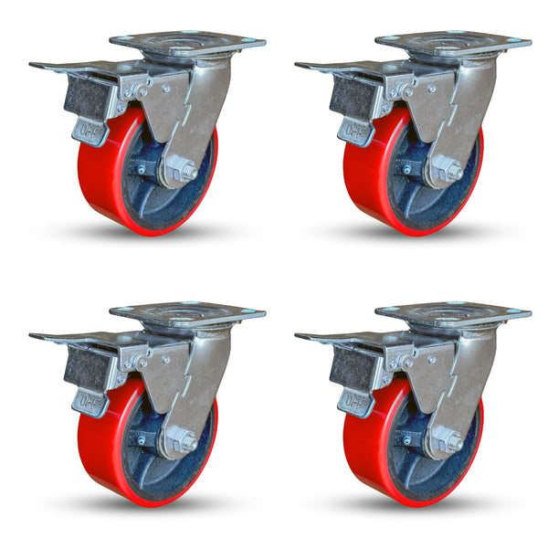 5 Inch x 2 Inch Total Locking Caster Set - 4 Pack | 4400 lbs Total Capacity | Polyurethane on Iron CasterHQ