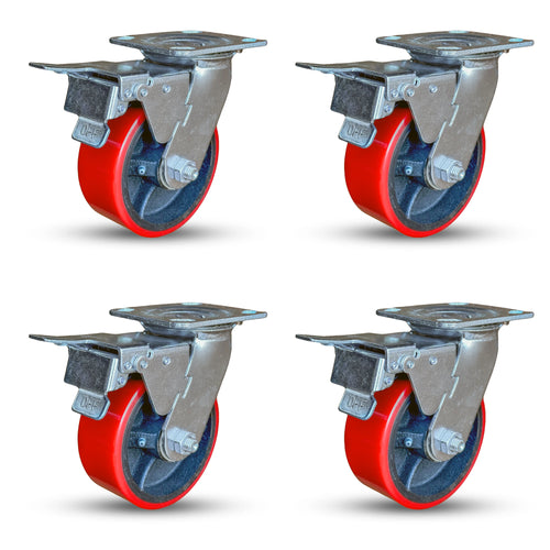 5 inch heavy duty polyurethane on iron total lock cart caster set of 4