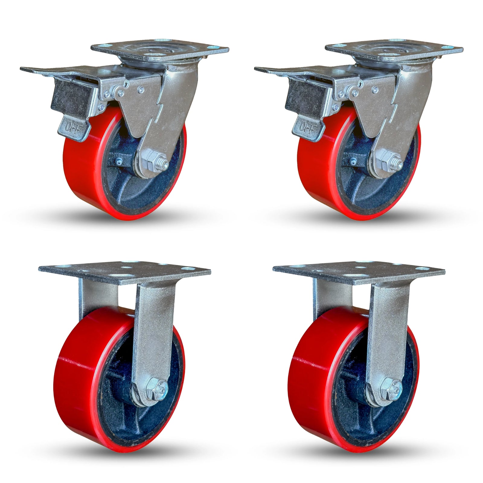 5" x 2" Casters Set of 4 | 2 Total Locking Casters and 2 Rigid Casters with Polyurethane on Iron Wheel | 4400 lbs Capacity | 4" x 4-1/2" Mounting Plate CasterHQ