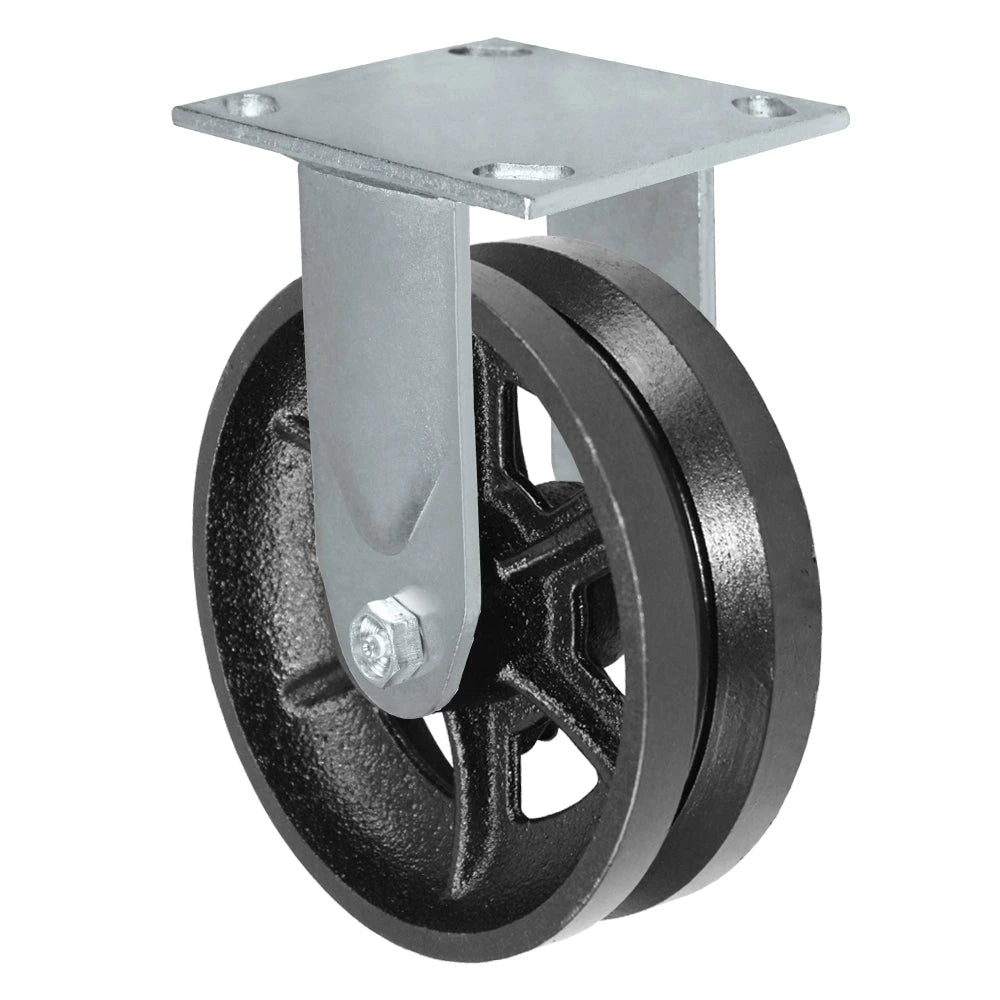 6" x 2" V-Groove Wheel | Rigid Caster | Plate Size: 4-1/2" x 6-1/4" | Weight Capacity: 1,200 lbs each CasterHQ