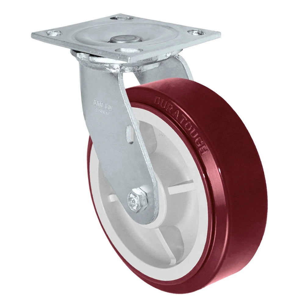 6" X 2" Swivel Caster - 900 lbs Per Caster | Maroon on Gray Polyurethane Tread on a Polyolefin Core Wheel CasterHQ