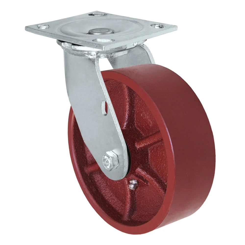 6 Inch x 2 Inch Red Ductile Steel Wheel Swivel Caster - 1500 lbs Capacity | Heavy Duty Plate Mount CasterHQ