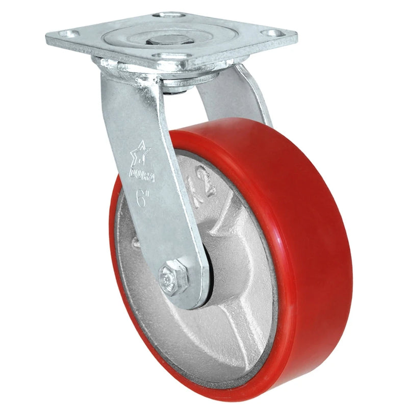 6" x 2" Red Polyurethane on Iron Wheel | Swivel Caster | Capacity: 1,200 lbs | Plate Size: 4-1/2" x 6-1/4" CasterHQ