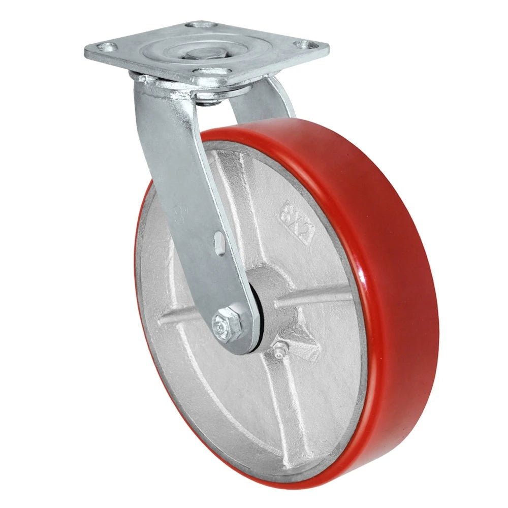 MEDIUM DUTY 8"X 2" RED POLYURETHANE ON IRON WHEEL - SWIVEL CASTER 1,250 lbs Capacity CasterHQ