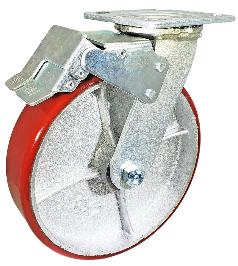 8" x 2" Total Lock Caster with Red Polyurethane on Steel Wheel - 1,250 lbs Capacity CasterHQ