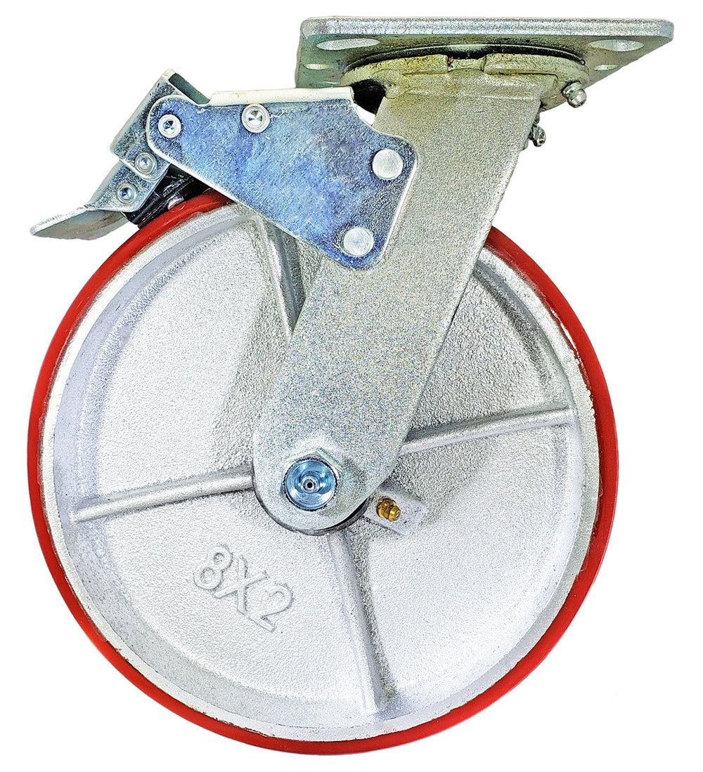 8" x 2" Total Lock Caster with Red Polyurethane on Steel Wheel - 1,250 lbs Capacity CasterHQ