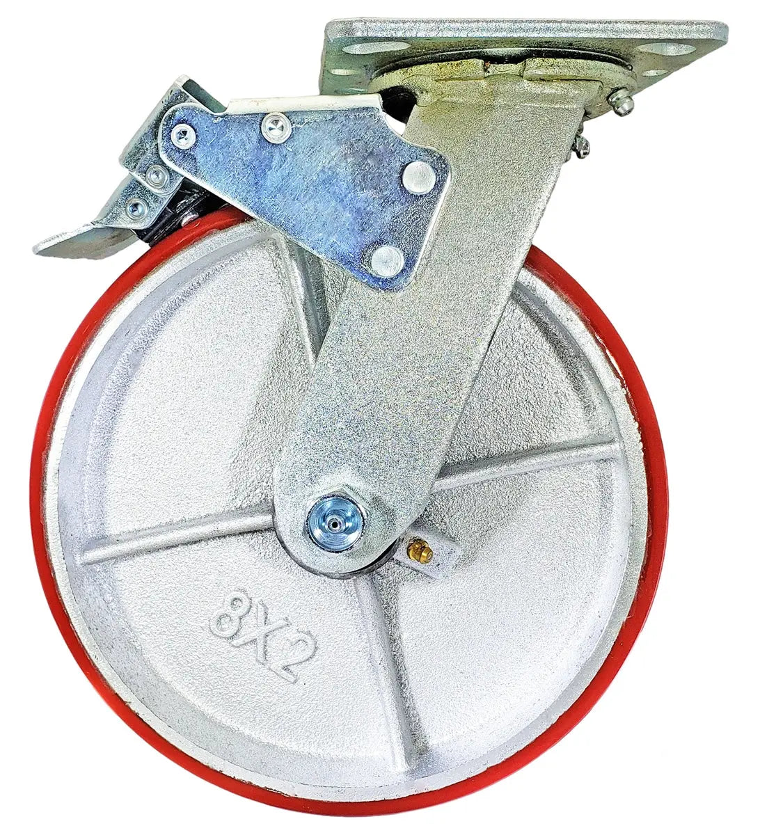 8" x 2" Total Lock Caster with Red Polyurethane on Steel Wheel - 1,250 lbs Capacity -  | CasterHQ