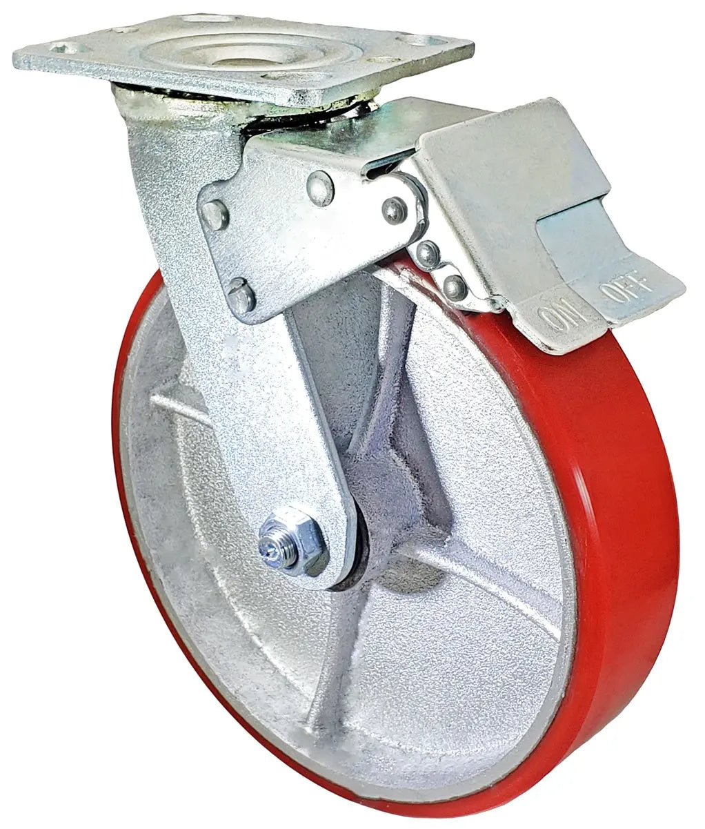 8" x 2" Total Lock Caster with Red Polyurethane on Steel Wheel - 1,250 lbs Capacity -  | CasterHQ