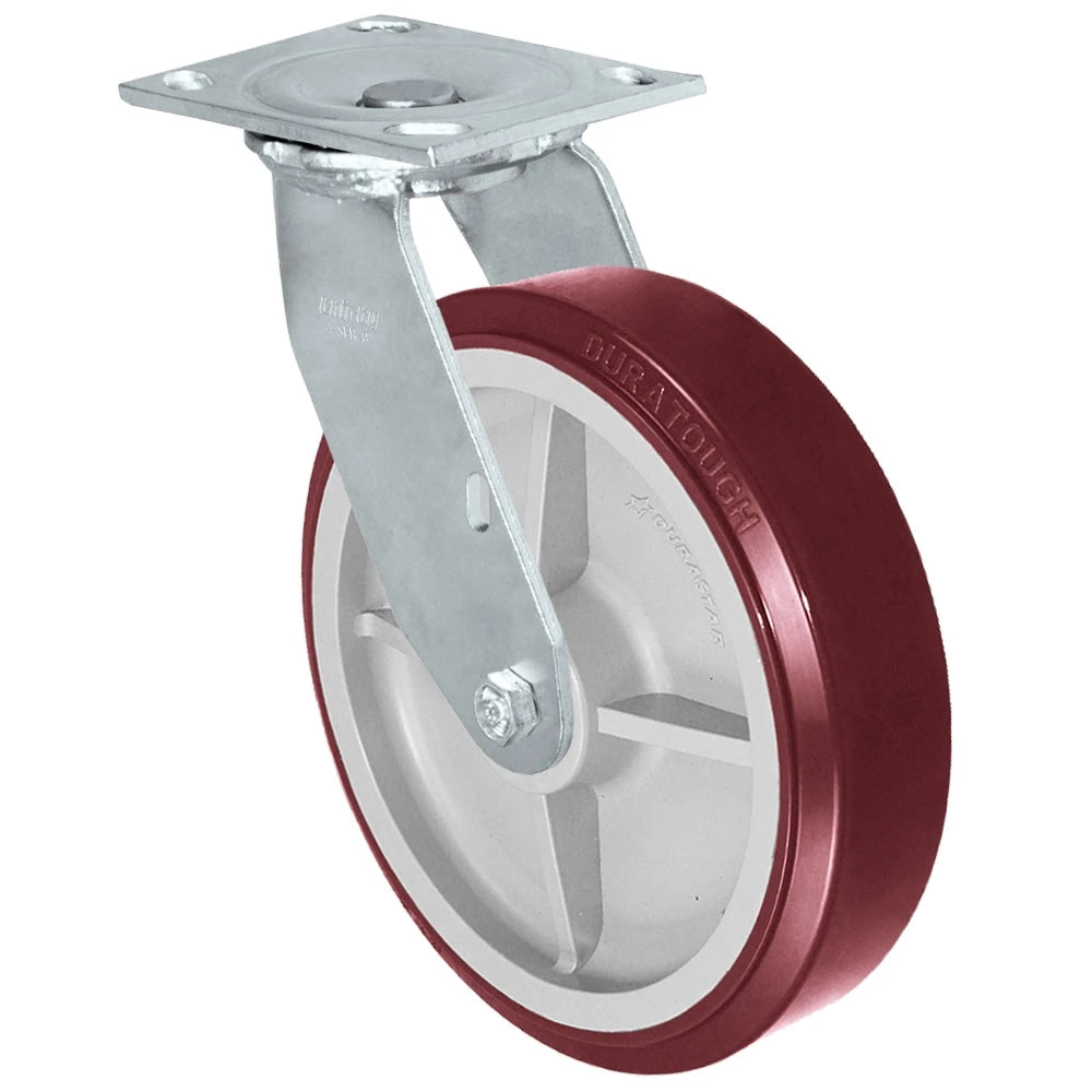8" X 2" Swivel Caster - 1,000 lbs Per Caster | Maroon on Gray Polyurethane Tread on a Polyolefin Core Wheel CasterHQ