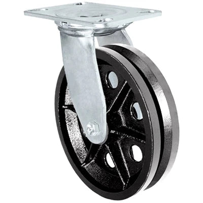 8" x 2" V-Groove Wheel | Swivel Caster | Plate Size: 4-1/2" x 6-1/4" | Weight Capacity: 1,400 lbs each CasterHQ