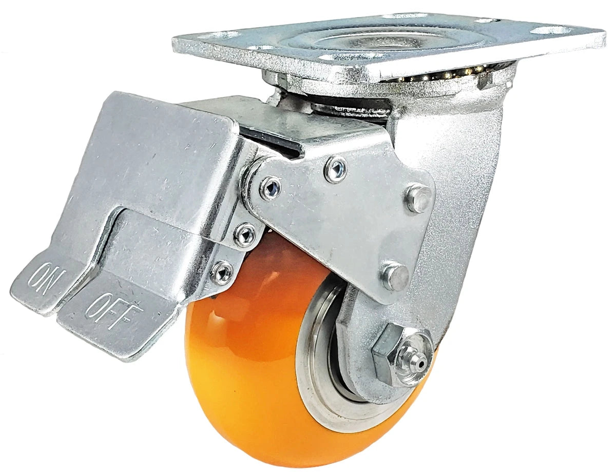 4" x 2" Total Lock Caster with Orange Polyurethane on Aluminum Wheel - 1,250 lbs Capacity CasterHQ