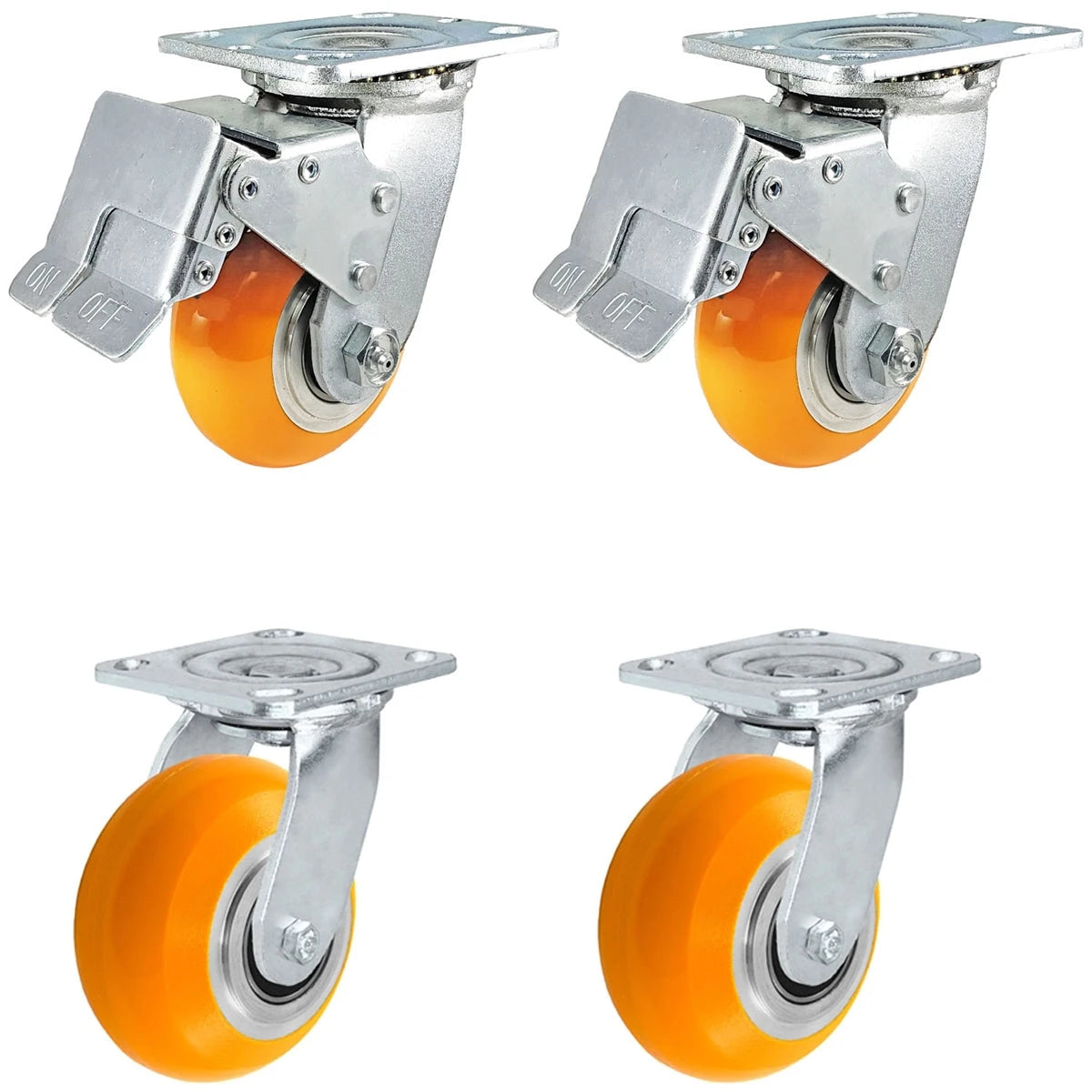 4" x 2" Total Lock Caster Set of 4 | 2 Total Locking & 2 Swivel Casters | Orange Polyurethane on Aluminum Wheel - 4,000 lbs Capacity Per Set of 4 CasterHQ
