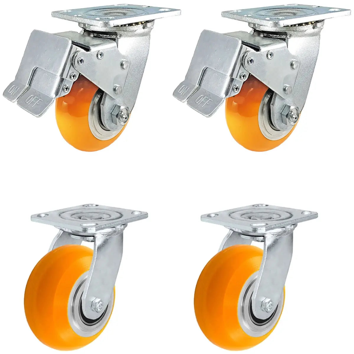 4" x 2" Total Lock Caster Set of 4 | 2 Total Locking & 2 Swivel Casters | Orange Polyurethane on Aluminum Wheel - 4,000 lbs Capacity Per Set of 4 -  | CasterHQ