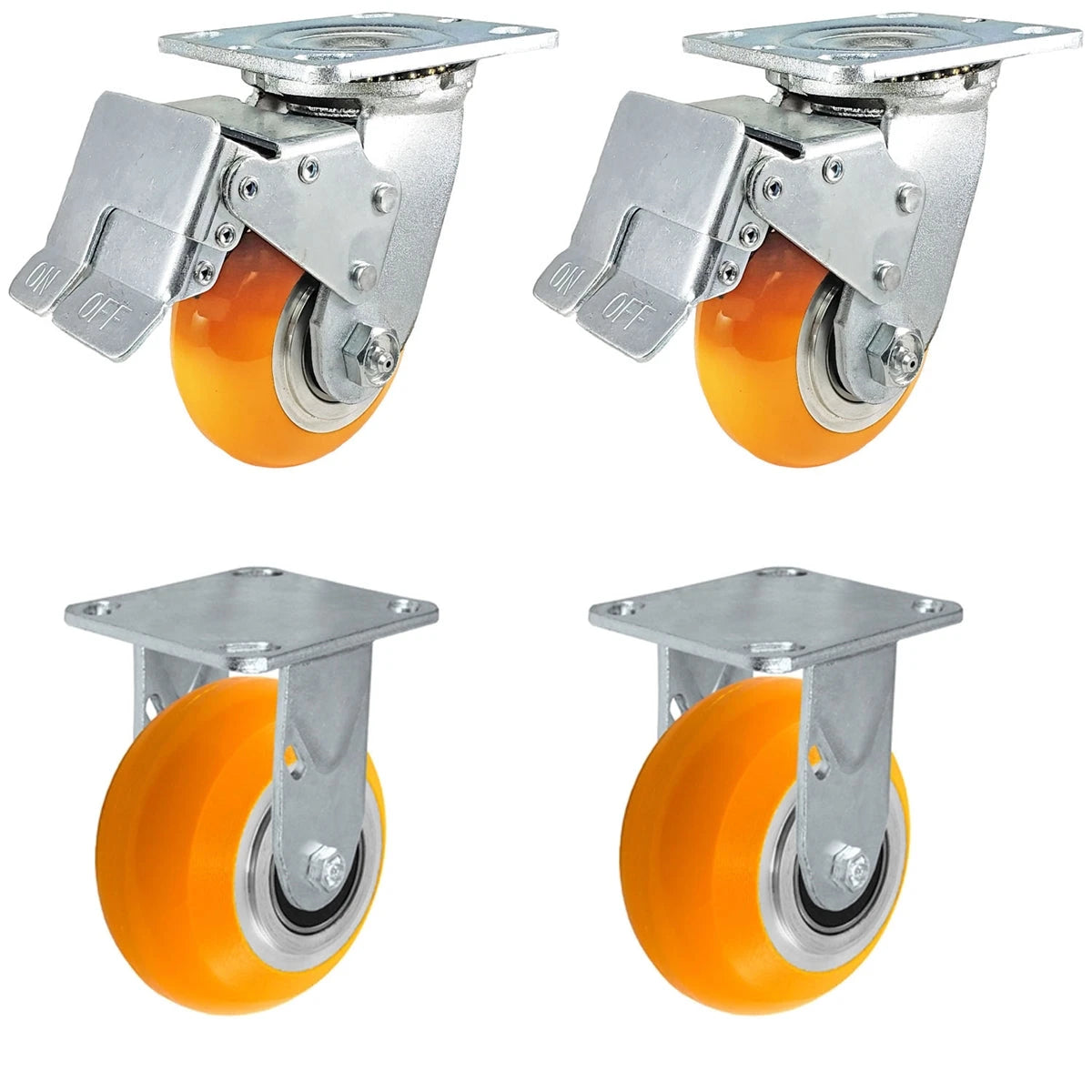 4" x 2" Total Lock Caster Set of 4 | 2 Total Locking & 2 Fixed Casters | Orange Polyurethane on Aluminum Wheel - 4,000 lbs Capacity Per Set of 4 CasterHQ