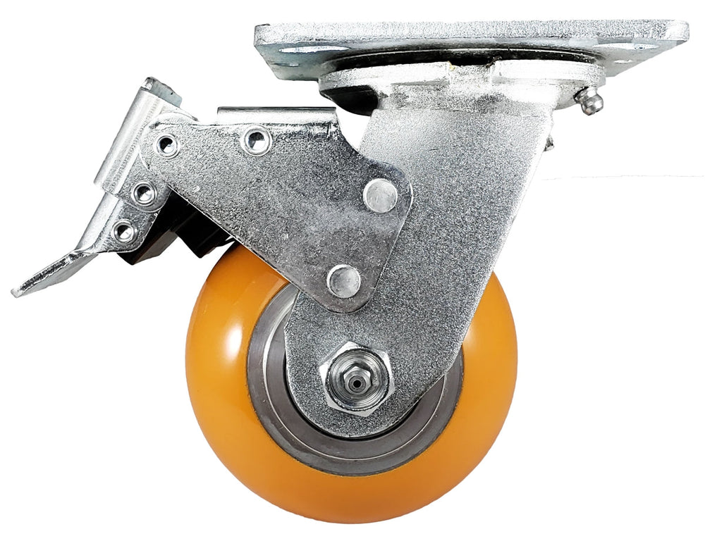 4" x 2" Total Lock Caster Set of 4 | 2 Total Locking & 2 Fixed Casters | Orange Polyurethane on Aluminum Wheel - 4,000 lbs Capacity Per Set of 4 CasterHQ