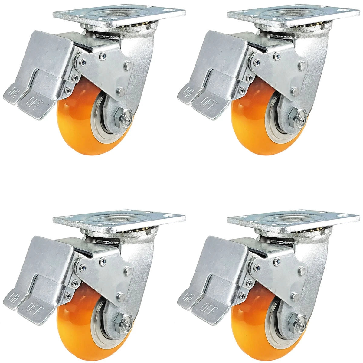 4" x 2" Total Lock Caster Set of 4 with Orange Polyurethane on Aluminum Wheel - 4,000 lbs Capacity Per Set of 4 CasterHQ