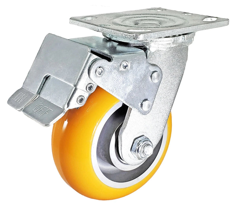 5" x 2" Total Lock Caster with Orange Polyurethane on Aluminum Wheel - 1,250 lbs Capacity CasterHQ