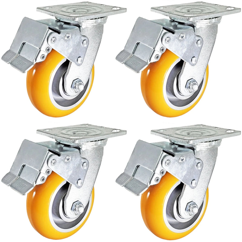 5" x 2" Total Lock Caster Set of 4 with Orange Polyurethane on Aluminum Wheel - 5,000 lbs Capacity Per Set of 4 CasterHQ