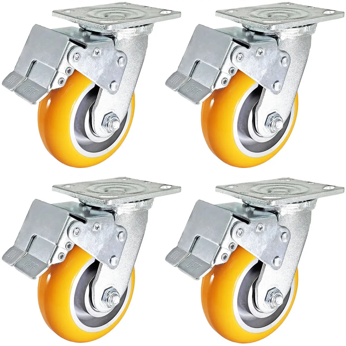 5" x 2" Total Lock Caster Set of 4 with Orange Polyurethane on Aluminum Wheel - 5,000 lbs Capacity Per Set of 4 -  | CasterHQ