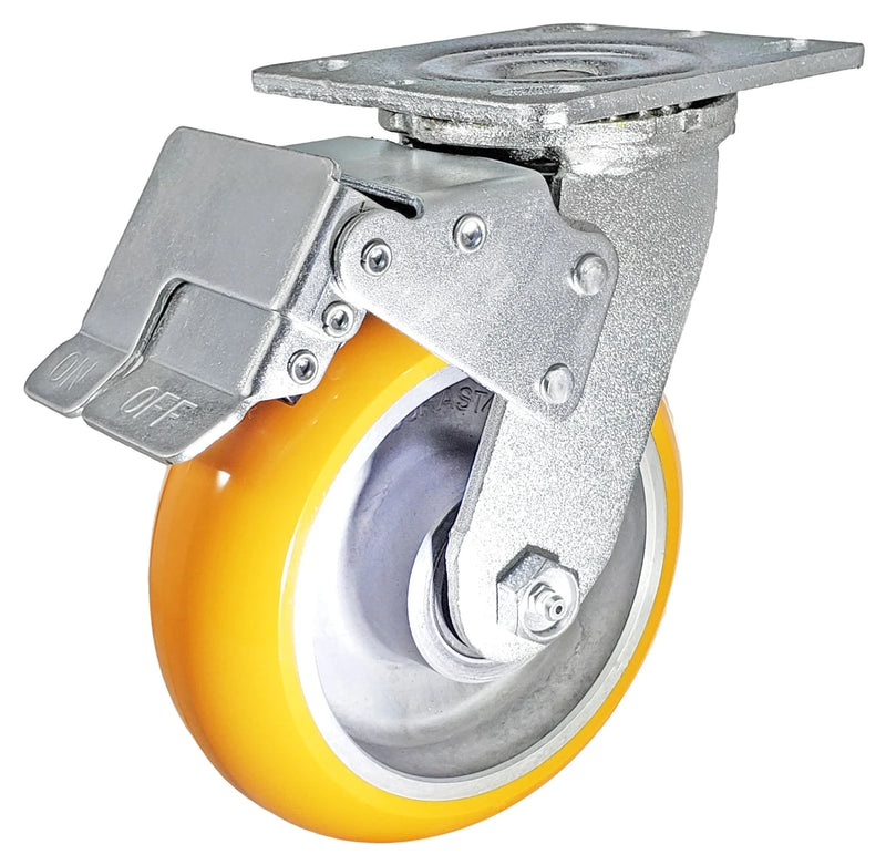 6" x 2" Total Lock Caster with Orange Polyurethane on Aluminum Wheel - 1,250 lbs Capacity CasterHQ