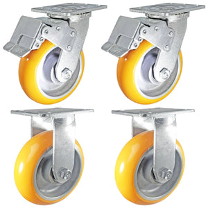 6" x 2" Orange Poly on Aluminum Total Lock Caster Set – 5,000 lb
