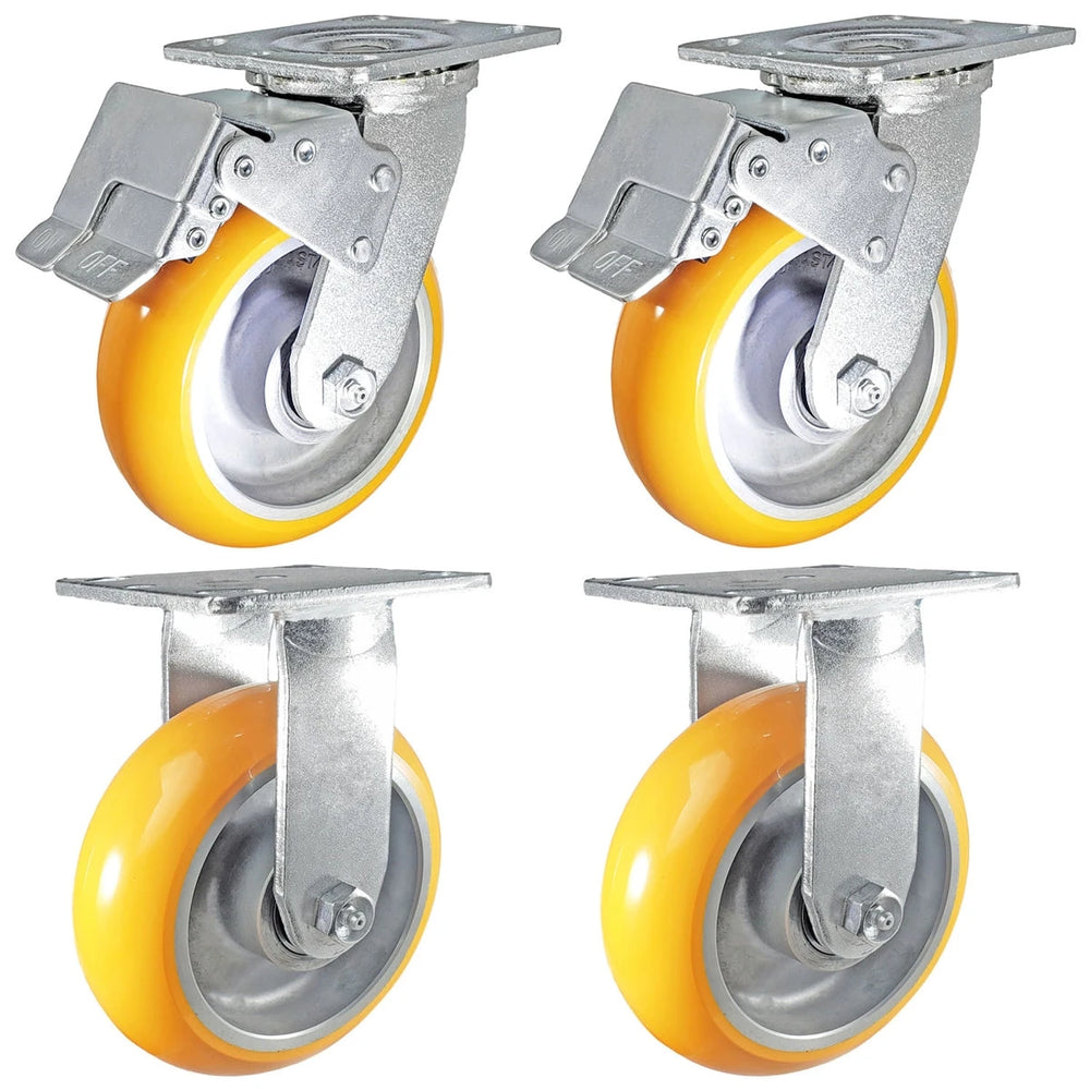 6" x 2" Total Lock Caster Set of 4 | 2 Locking & 2 Rigid with Orange Polyurethane on Aluminum Wheel - 5,000 lbs Capacity Per Set of 4 CasterHQ