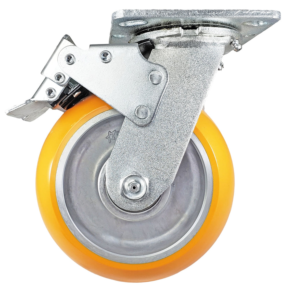 6" x 2" Total Lock Caster Set of 4 | 2 Locking & 2 Rigid with Orange Polyurethane on Aluminum Wheel - 5,000 lbs Capacity Per Set of 4 CasterHQ